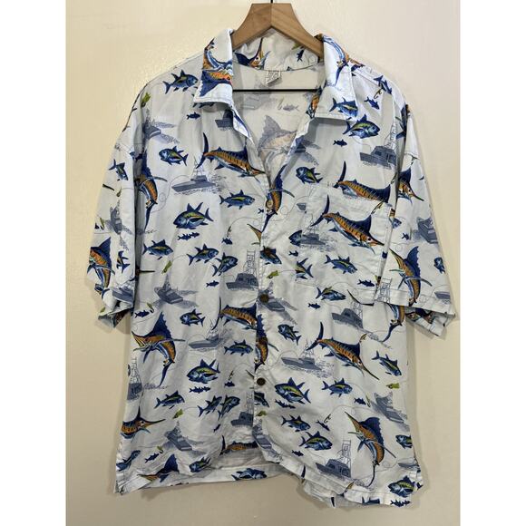 90s Camp Button Up Shirt 2XL Marlin Fish Boat Fisherman Resort Vacation Resort - Picture 2 of 11